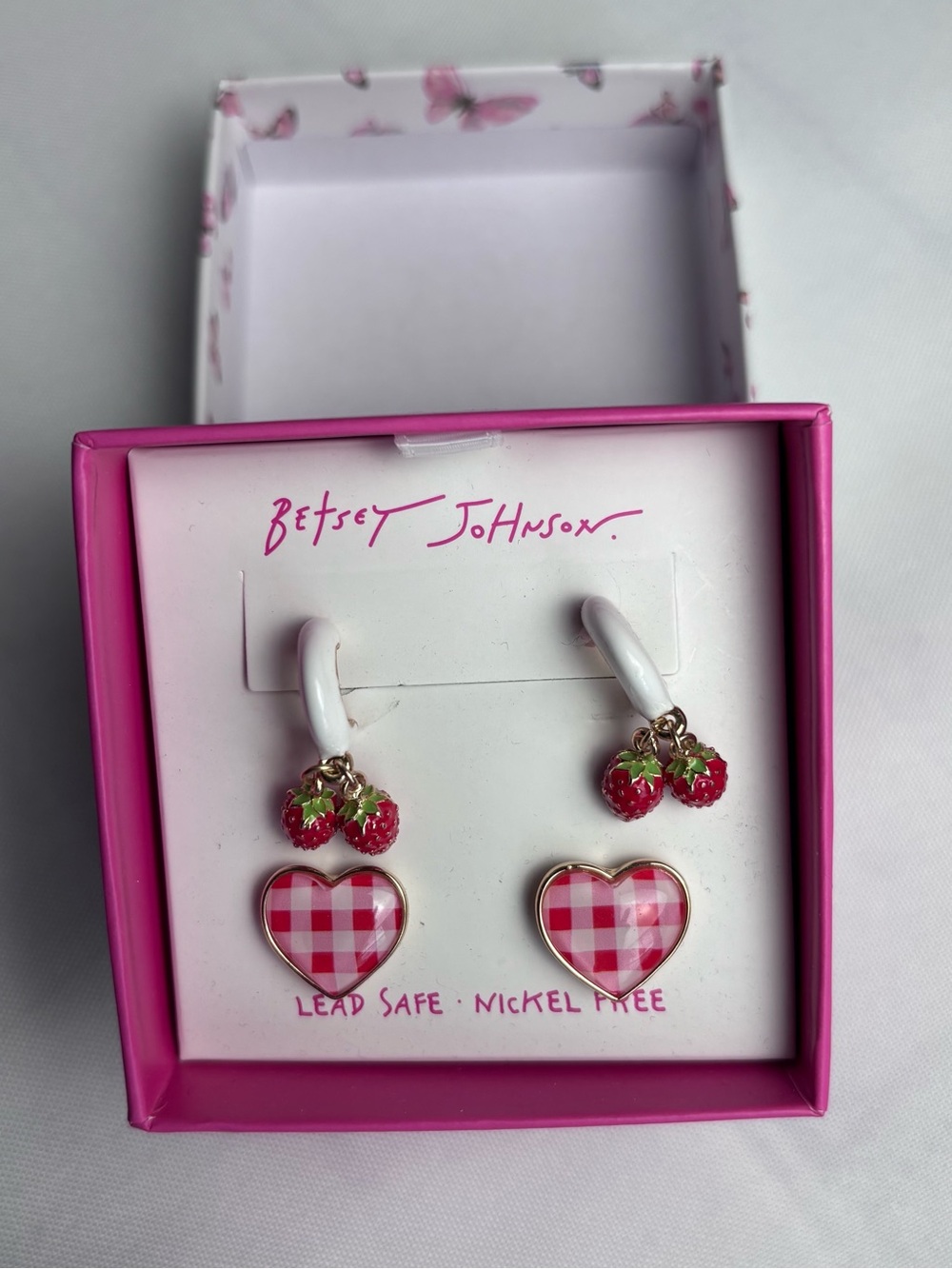 Betsey Johnson Strawberry Hoops & Gingham Heart Earrings Set New In Box